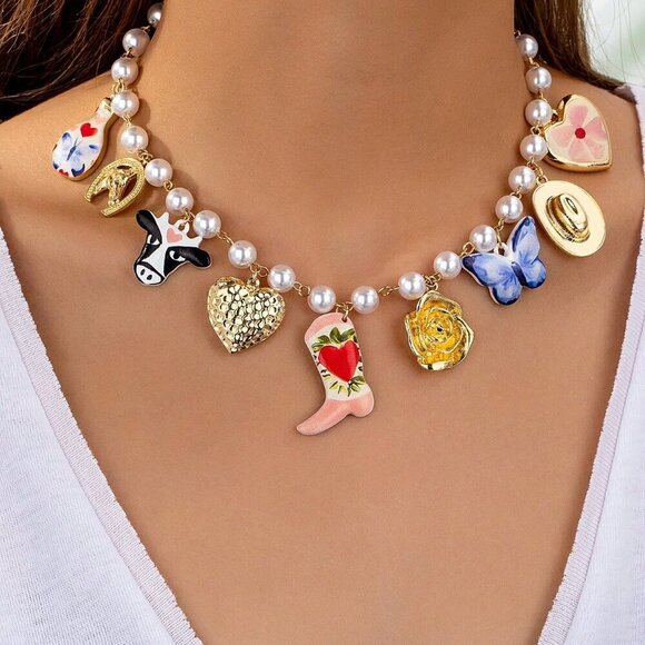 Multicolor Casual Women's Faux Pearl Beaded Western Charm Necklace - Picture 1 of 3